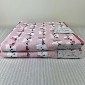 ENVOGUE Cat Kitten Bath Towels Pink White Cotton Velour Soft Set of 2 NEW